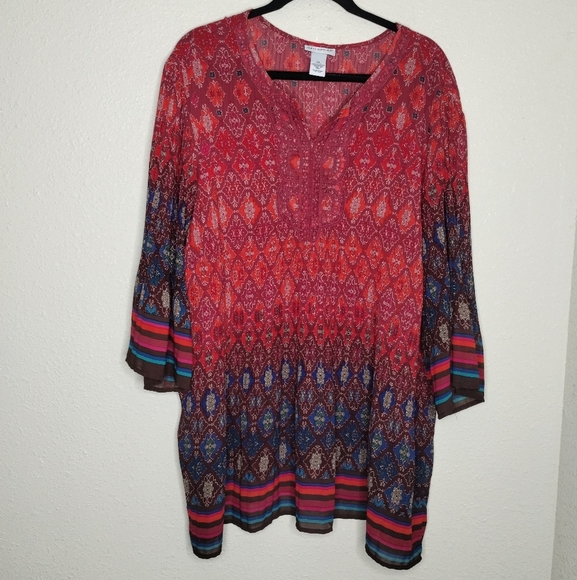Catherines Colorful Graphic 3/4 Sleeve Pleated Tunic Women's Plus Size 2X - Picture 1 of 6